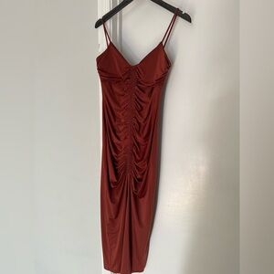 Express Strapless Rust Dress with Ruched Detail